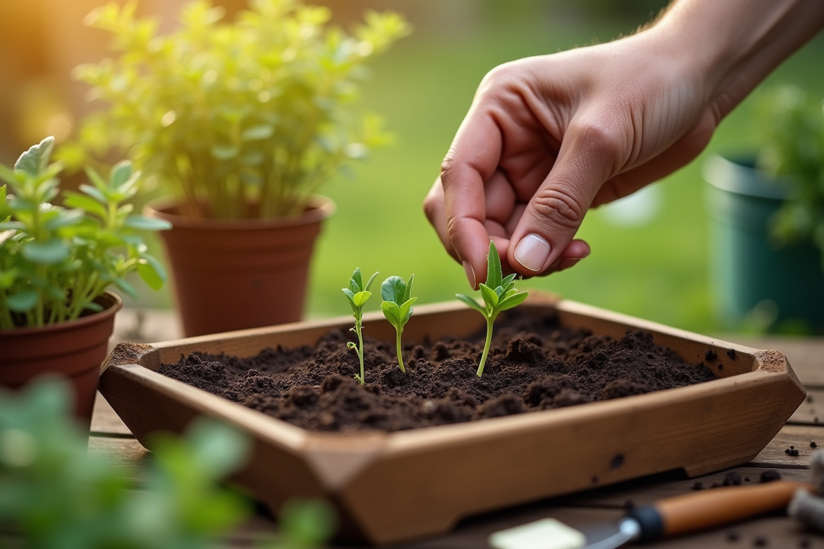 Main de jardinier semant des graines dans un bac en bois