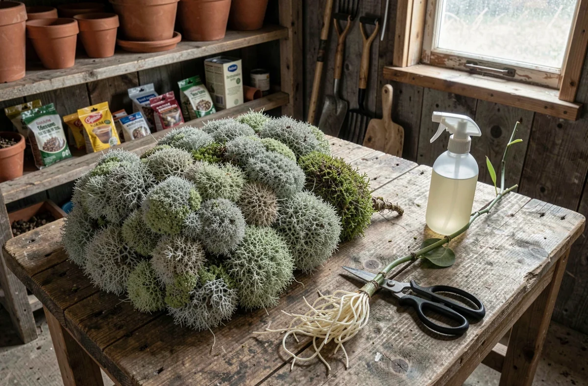 Vue de dessus de sphaigne brute et bouture d'orchidée sur un établi en bois dans une serre de jardinage
