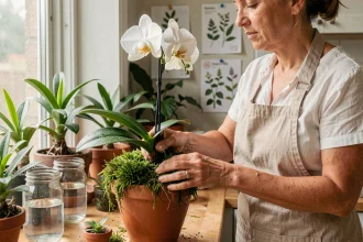 Femme appliquant de la sphaigne humide autour d'une orchidée en pot sur un rebord de fenêtre intérieur