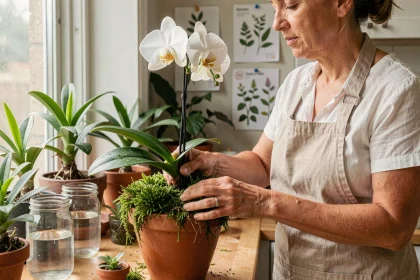 Femme appliquant de la sphaigne humide autour d'une orchidée en pot sur un rebord de fenêtre intérieur