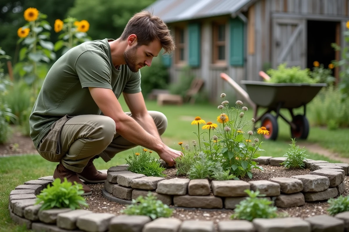 Jeune homme inspectant une spirale d'herbes aromatiques avec des œillets d'Inde et de la tanaisie dans un jardin potager bio pour protéger les légumes des mouches