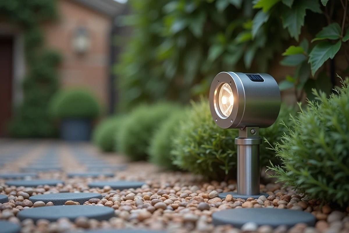 Gros plan d'un spot solaire LED en acier inoxydable encastré dans du gravier décoratif le long d'une allée de jardin