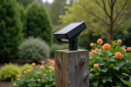Spot solaire LED fixé sur un poteau en bois dans un jardin verdoyant avec massifs fleuris