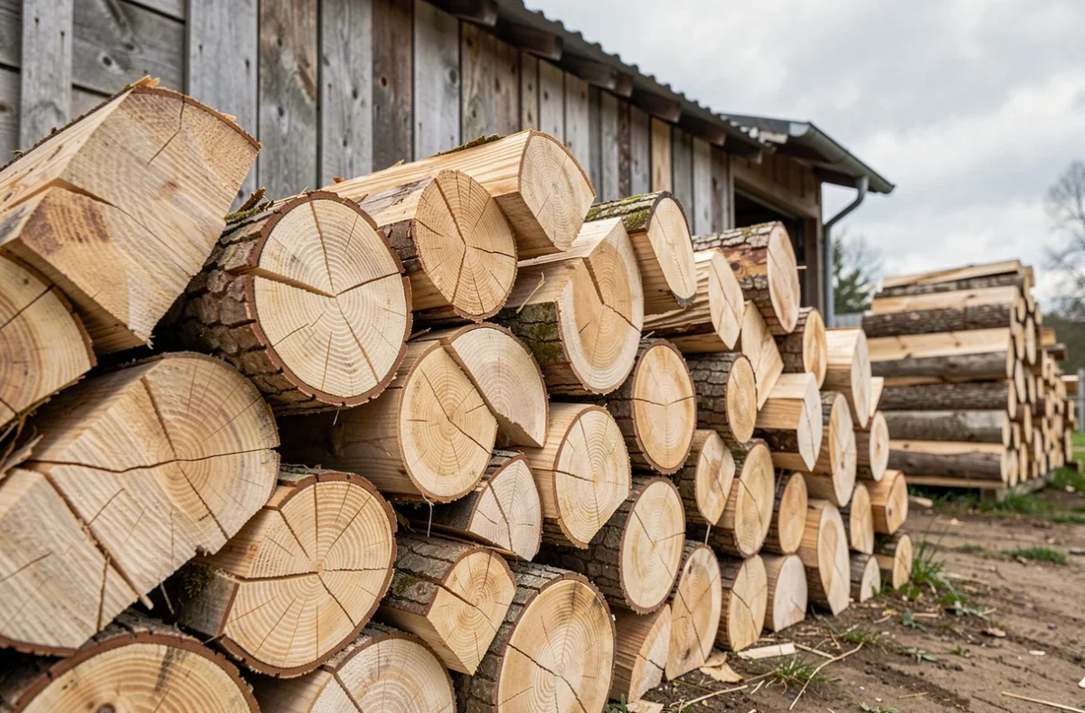 Gros plan sur une stère de bois de chauffage d'albizia empilée en rondins près d'un hangar rural