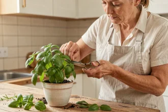 Femme taillant un plant de basilic avec des ciseaux au-dessus d'un pot en céramique sur un comptoir en bois rustique