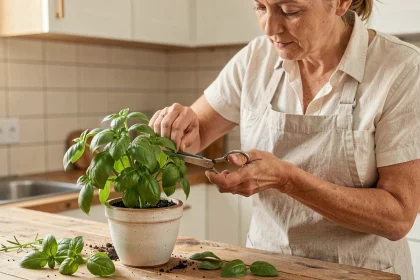 Femme taillant un plant de basilic avec des ciseaux au-dessus d'un pot en céramique sur un comptoir en bois rustique
