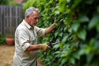 Homme taillant une haie de laurier en été avec des gants de jardinage