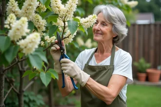 Femme taillant un lilas du Japon en fleurs avec un sécateur dans un jardin de banlieue au printemps