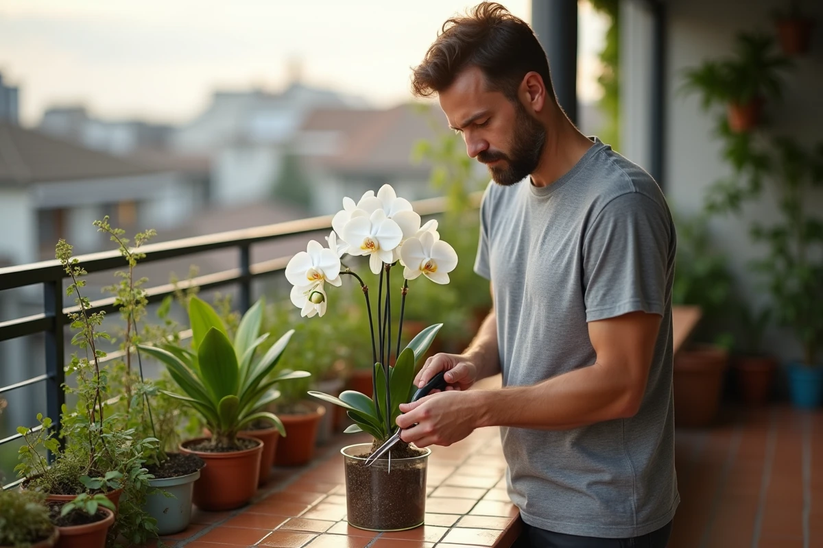 Homme taillant les racines aériennes d'une orchidée blanche en pot sur un balcon urbain ensoleillé