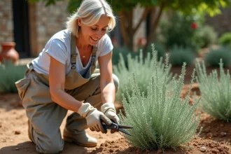 Femme taillant une sauge arbustive fraîchement plantée dans un jardin méditerranéen avec un sécateur, gros plan sur les mains en action