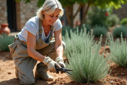 Femme taillant une sauge arbustive fraîchement plantée dans un jardin méditerranéen avec un sécateur, gros plan sur les mains en action
