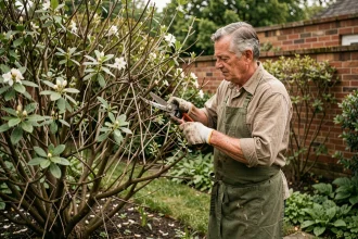 Jardinier taillant sévèrement un seringat envahi et déformé dans un jardin résidentiel au printemps