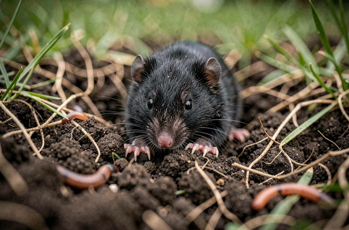 Taupe vivante émergeant du sol dans un jardin, illustrant la présence de l'animal à éliminer sans le tuer
