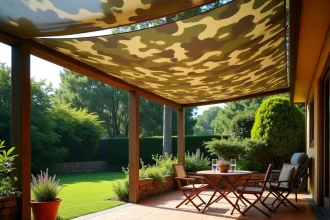 Terrasse résidentielle ombragée par un filet camouflage tendu au-dessus de mobilier de jardin en été