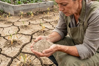 Femme tenant une poignée de terre sèche et appauvrie dans un jardin potager, illustrant la dégradation des sols pauvres en nutriments