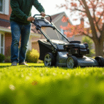 Personne tondant une pelouse verte au printemps