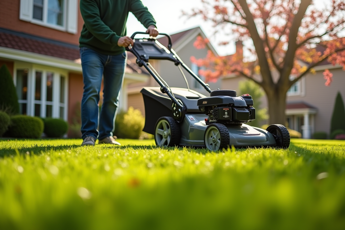 Personne tondant une pelouse verte au printemps