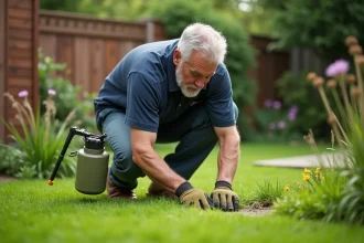 Homme appliquant un traitement sélectif herbicide sur une pelouse avec un pulvérisateur manuel, vue en contre-plongée dans un jardin résidentiel