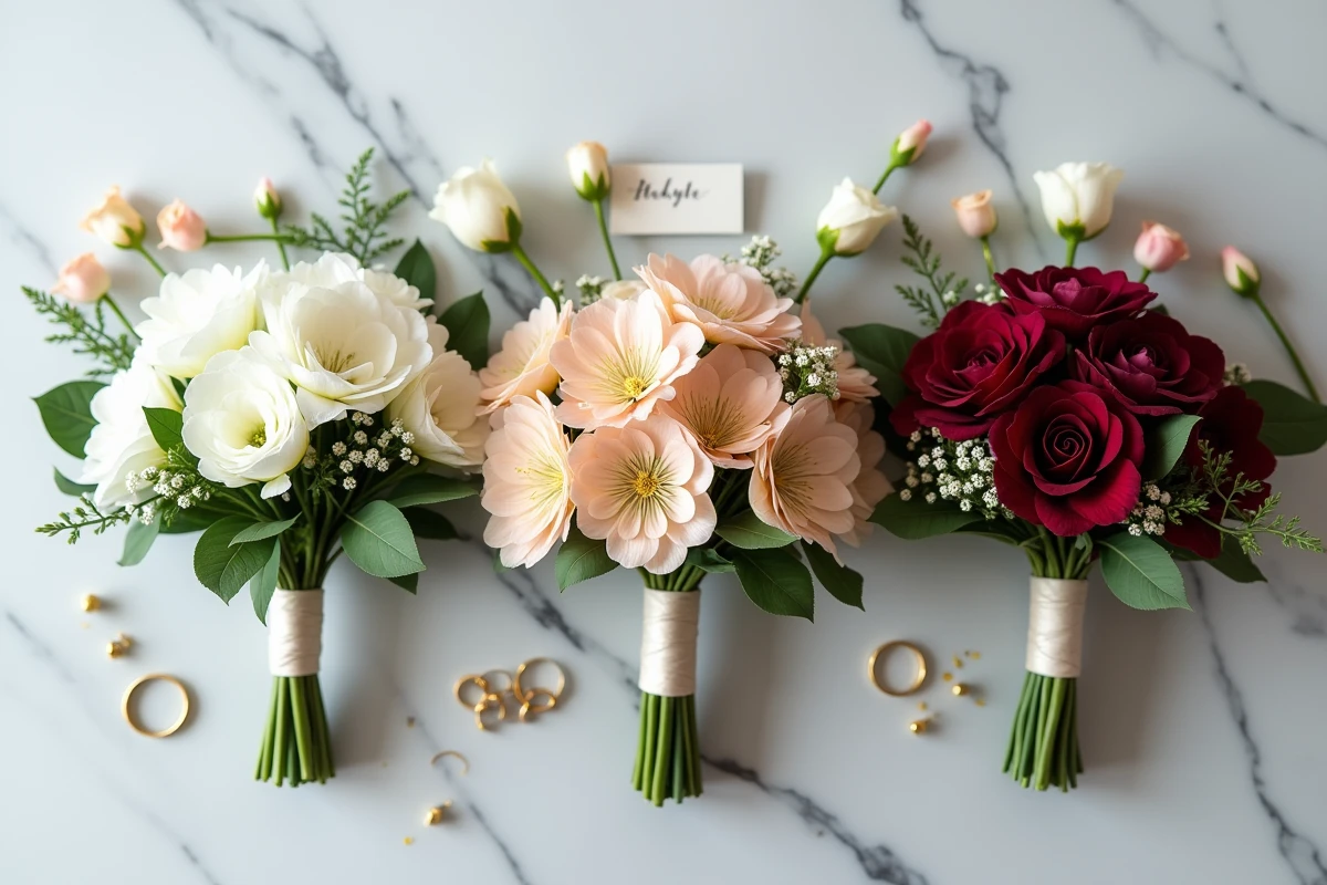 Trois bouquets de mariage en lisianthus blanc, pêche et bordeaux sur marbre gris avec détails dorés