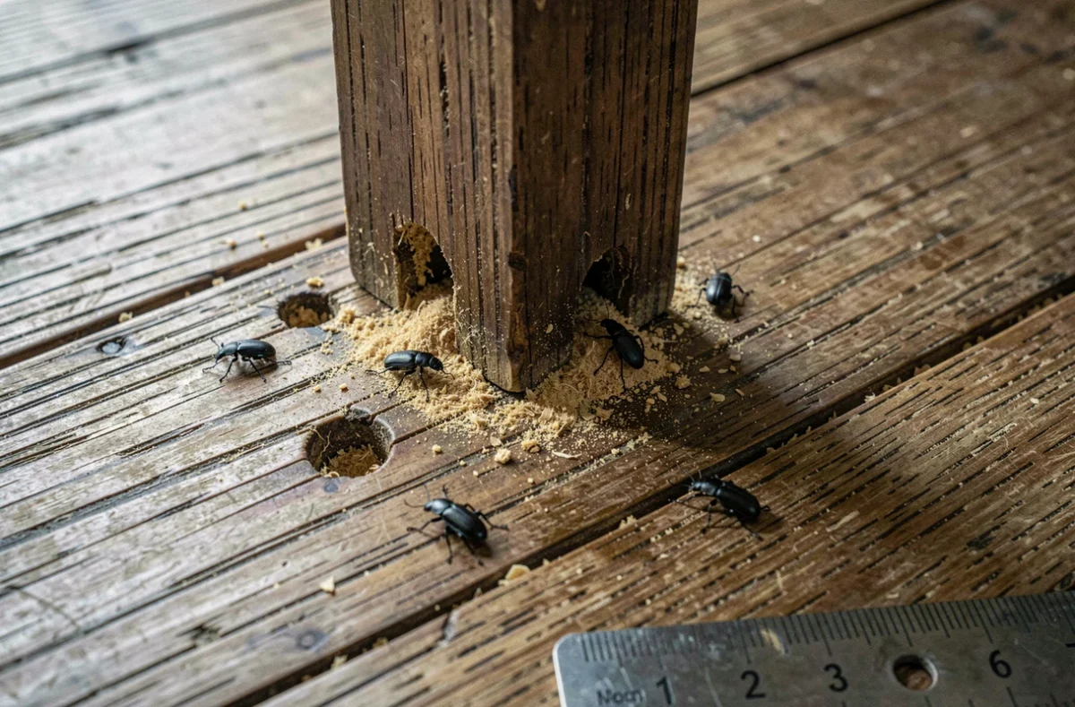Gros plan sur des trous d'insectes xylophages dans du bois ancien avec de la sciure fine, indiquant une infestation active de coléoptères