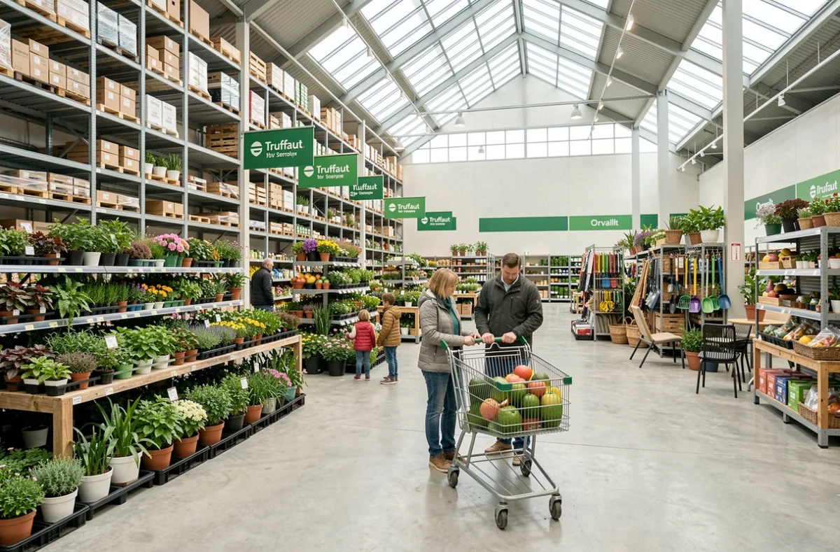 Jardinerie Truffaut à Orvault avec vaste espace de vente de plantes, mobilier de jardin et famille en visite