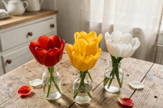 Tulipes rouges, jaunes et blanches dans des vases en verre illustrant les différentes significations selon la couleur