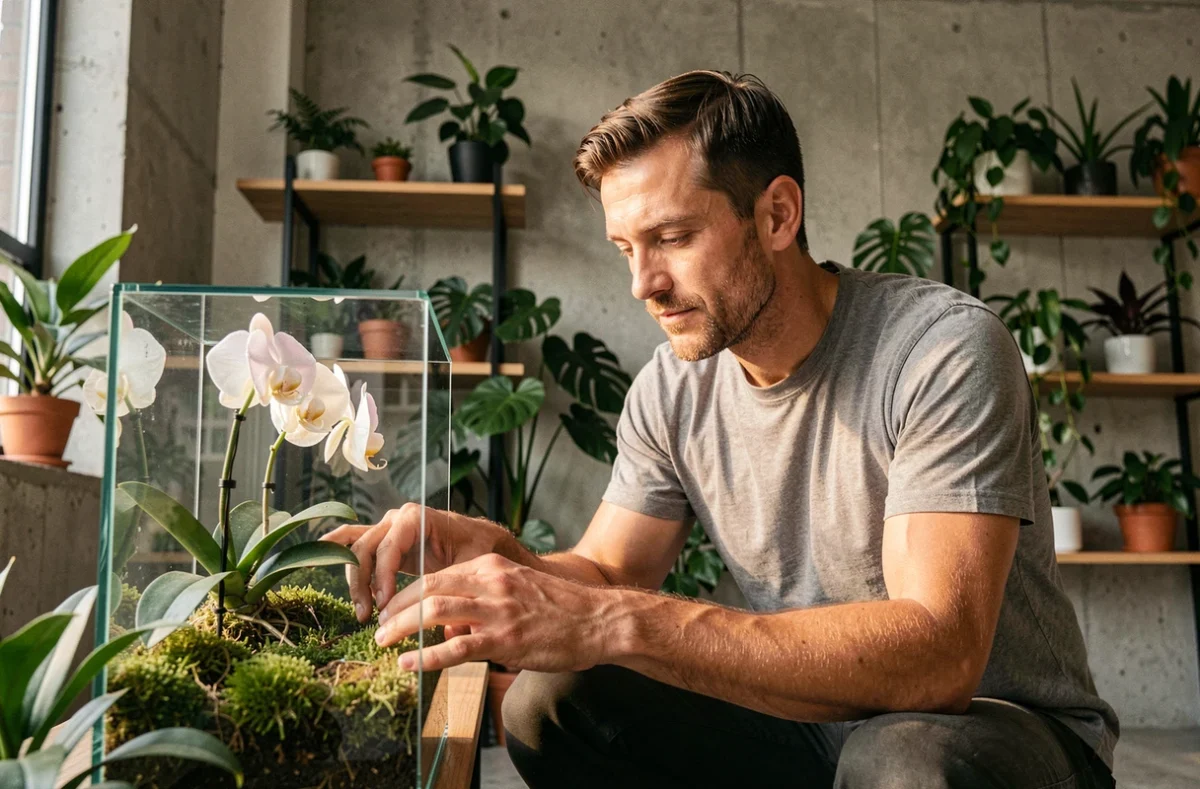 Homme vérifiant l'humidité de la sphaigne dans un terrarium d'orchidées tropicales dans un appartement moderne