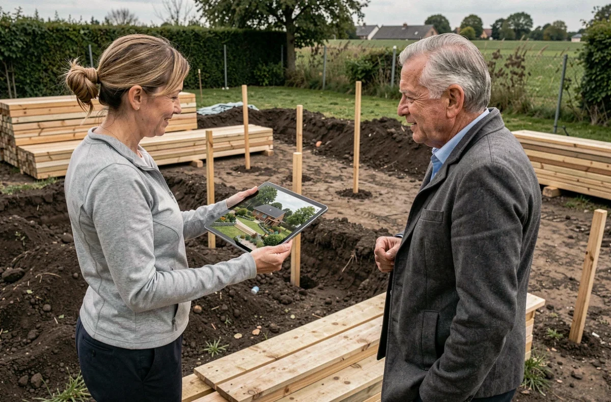 Architecte paysagiste de VM Création présentant un plan de jardin 3D à des clients dans l'Oise
