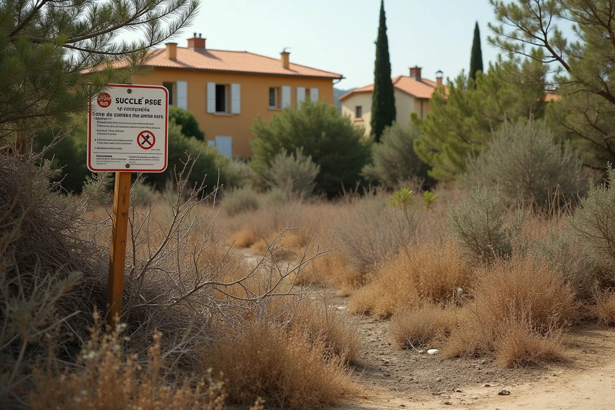 Zone de garrigue non débroussaillée en interface forêt-habitation avec panneau réglementaire d'interdiction